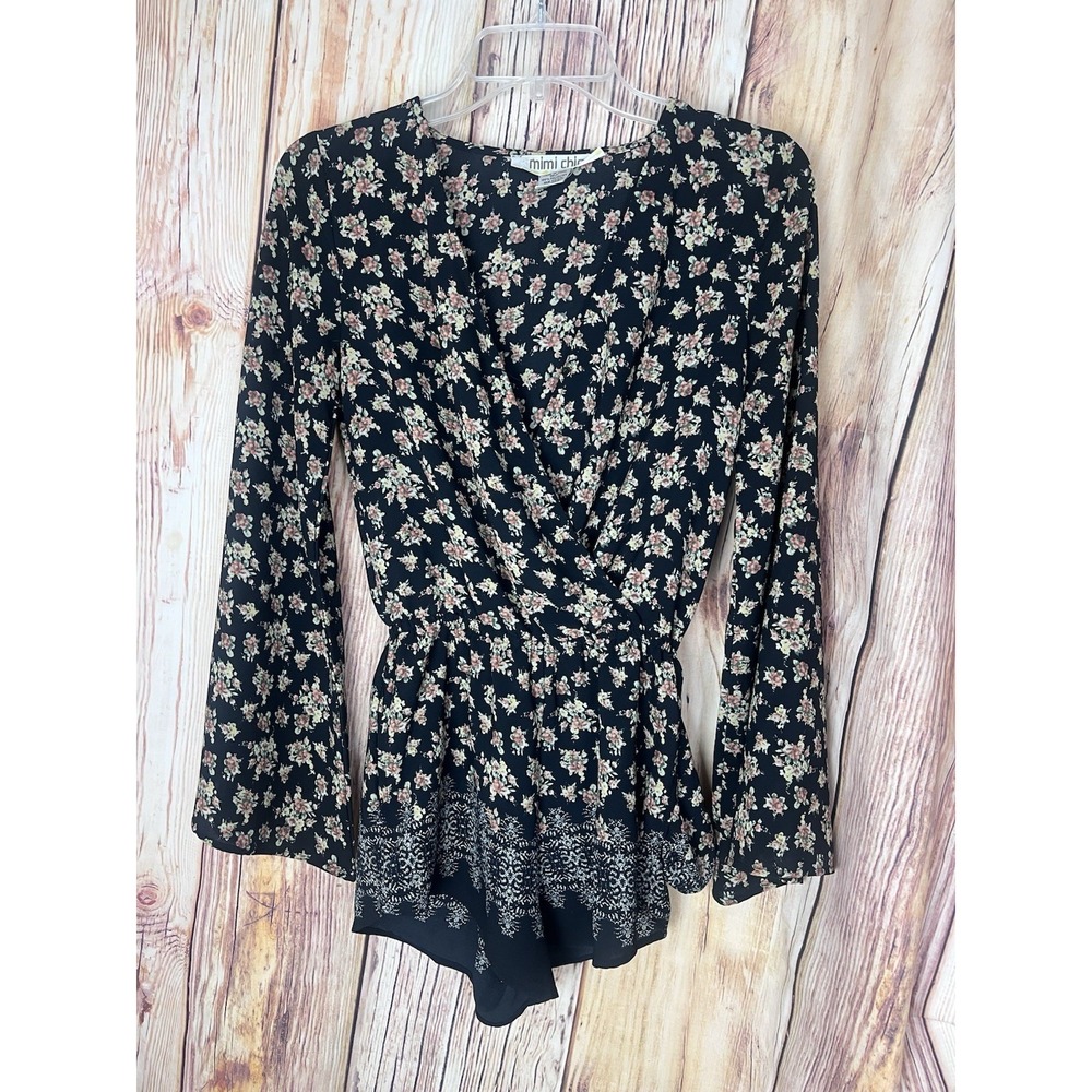 Mimi Chica Boho Long Sleeve Shorts Black Floral Romper Women's Size XS